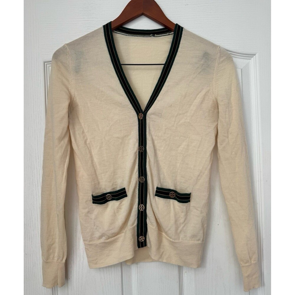 Tory Burch Madeline Merino Wool V-Neck Ivory Cardigan Green Black Trim XS